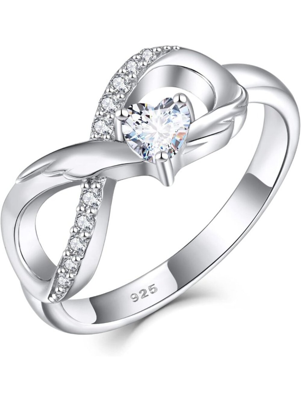 Infinity Promise Ring - 925 Sterling Silver Angel Wings Heart Design, Sizes 5-10